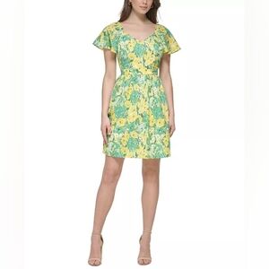 Kensie - Floral Green and Yellow Eyelet Cotton Mini Dress